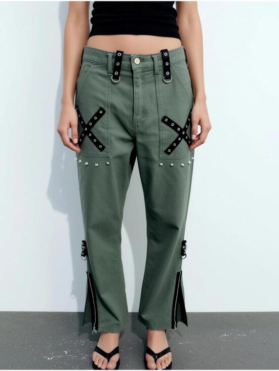 Pants - Cargo Pants 29 In. Green Flared Zip Skinny Punk 90s black X Army y2k